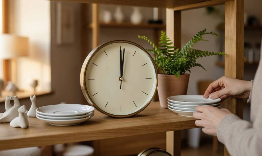 Jak zegary w stylu retro porządkują ekspozycję sklepową obok figurek, porcelany i osłonek