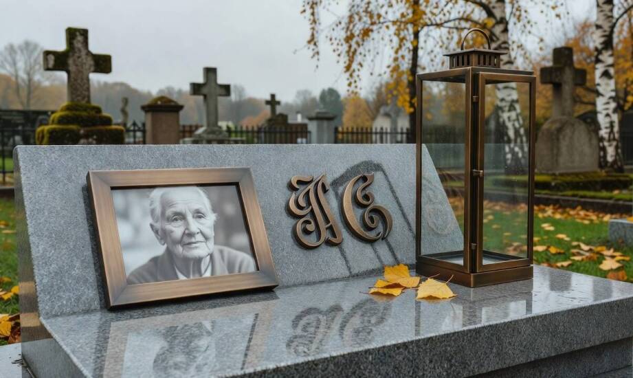 Jak lampion, ramka na zdjęcie i litery budują spójną kompozycję nagrobka