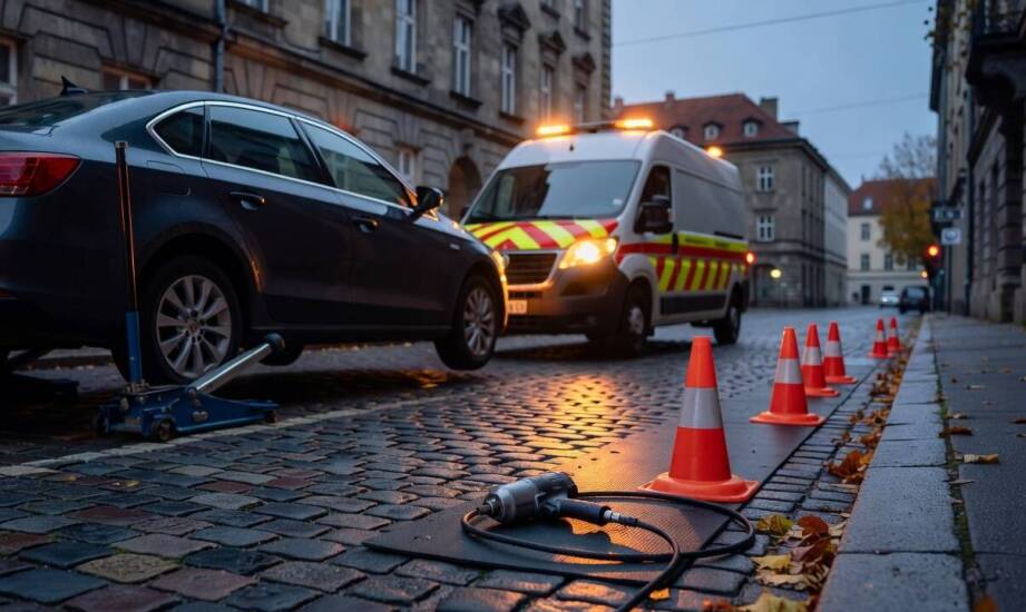 Organizacja strefy roboczej przy aucie — pierwsze działania mechanika po dojeździe na miejsce awarii