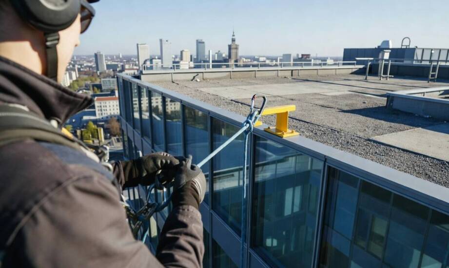 Etapy realizacji mycia przeszkleń i elewacji w budynkach biurowych za pomocą technik linowych