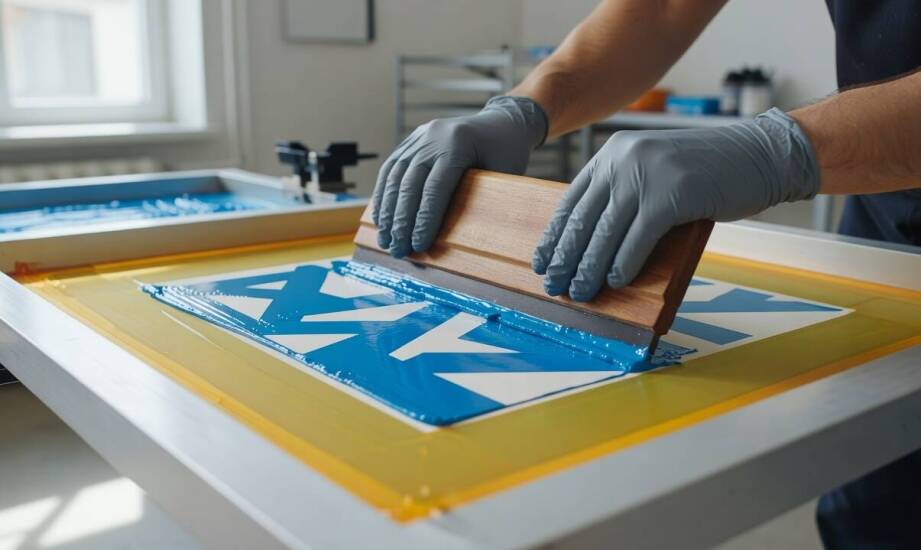 Etapy przygotowania matrycy i nakładania farby w sitodruku na sztywnych materiałach promocyjnych