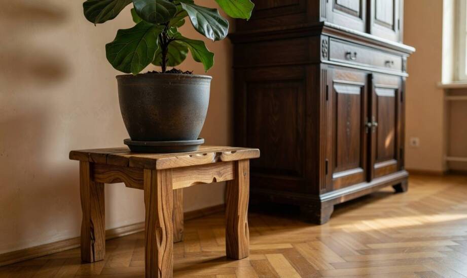 Kwietnik z drewna mango jako przedłużenie mebli kolonialnych — zasady spójnej aranżacji roślin