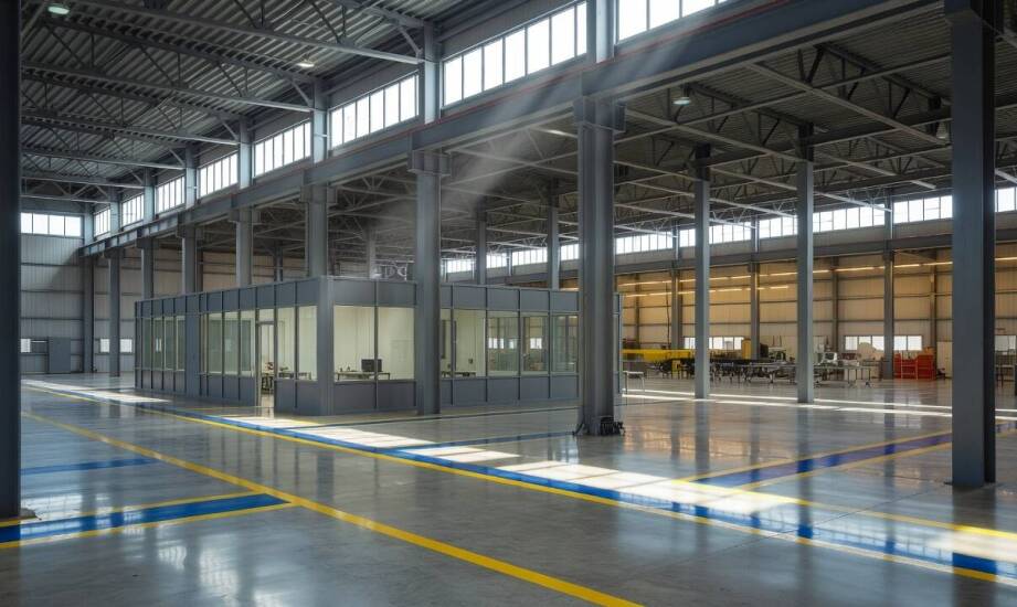 Architektura wewnętrzna hali stalowej — jak podział przestrzeni determinuje płynność ciągów technologicznych