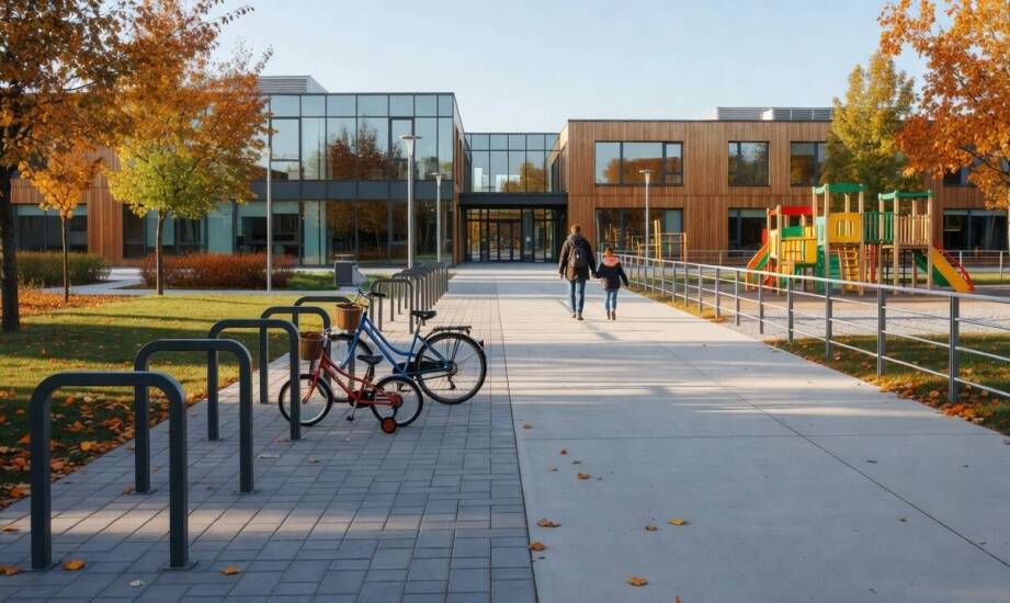 Jak wkomponować stojaki rowerowe w strefę wejścia przy placu zabaw i szkole