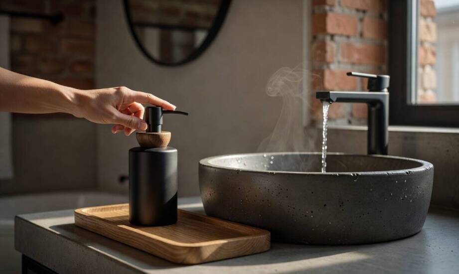 Czarne akcesoria przy umywalce z metalu i drewna — jak porządkują codzienny rytm łazienki