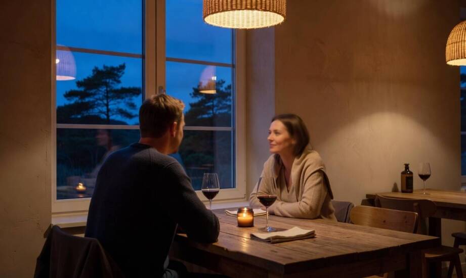 Wieczorny bar i restauracja w nadmorskim pensjonacie jako część rytmu dnia gości