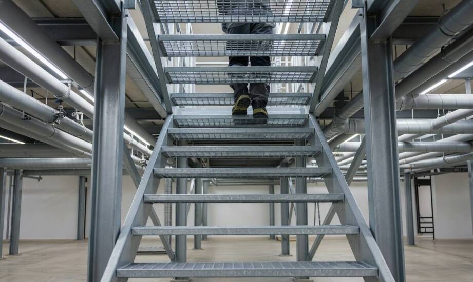 Jak schody kratowe wpisują się w układ komunikacyjny hali bez kolizji z instalacjami