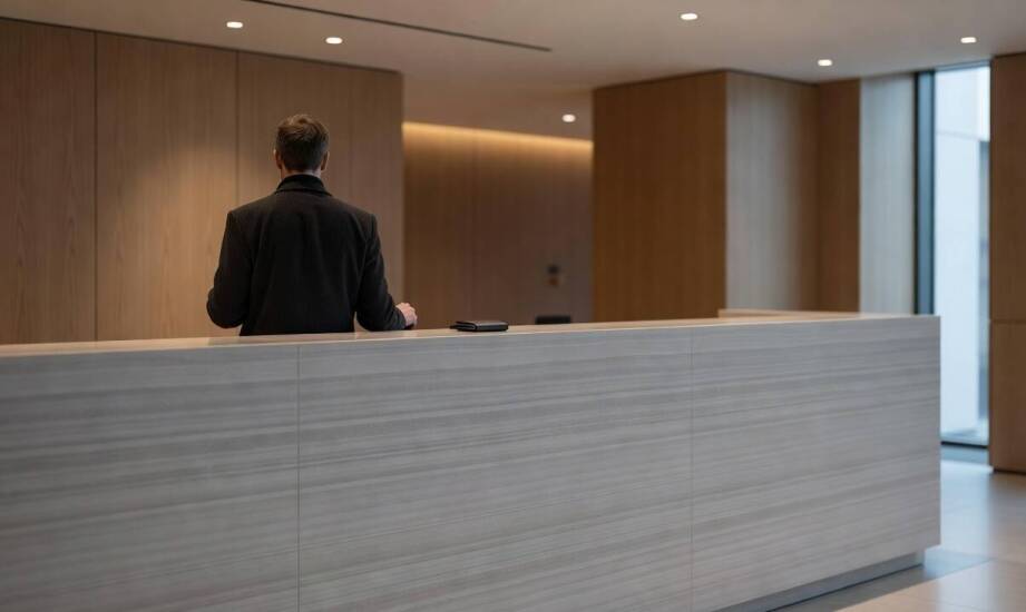 Reprezentacyjna lada z porcelanowej płyty w lobby hotelowym — kiedy projekt broni się w eksploatacji