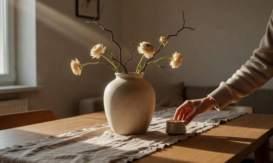 Jak łączyć kompozycje florystyczne z ceramiką i światłem, żeby uporządkować wnętrze