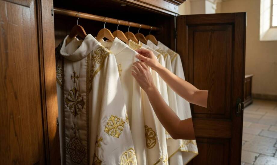 What elements do a bishop's vestments consist of?