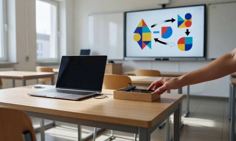 Biurko nauczyciela w sali multimedialnej — jak uporządkować laptop, zasilanie i okablowanie
