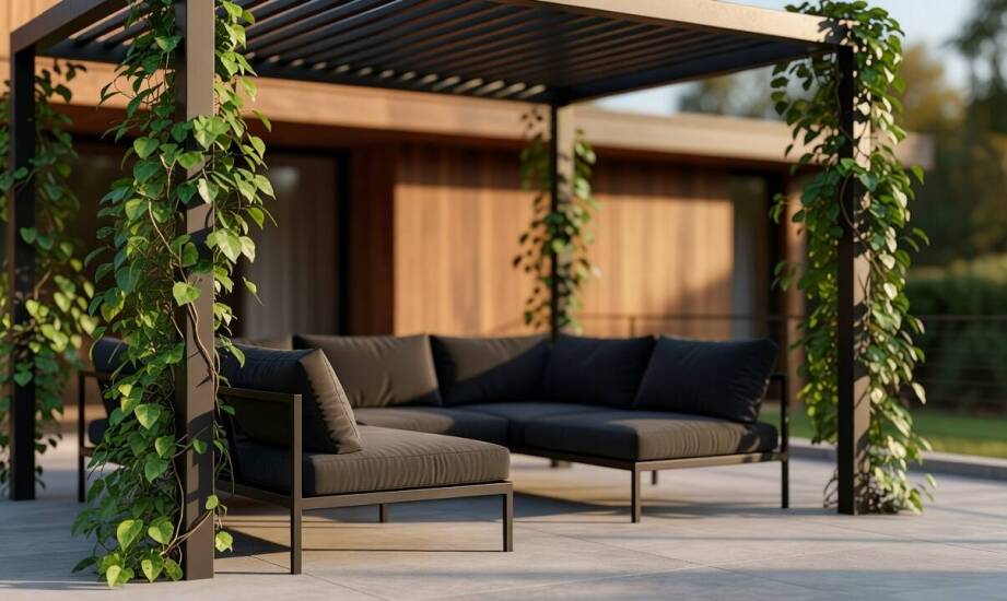 Jak proporcje i stalowe wykończenie mebli loft porządkują taras z pergolą i pnączami