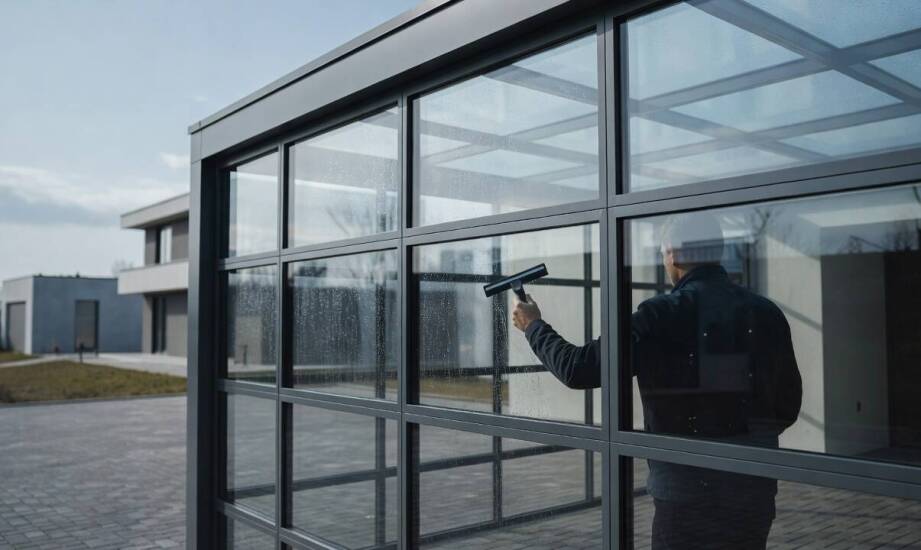 Tägliche und saisonale Pflege einer verglasten Garagenkonstruktion ohne Beschädigungsrisiko