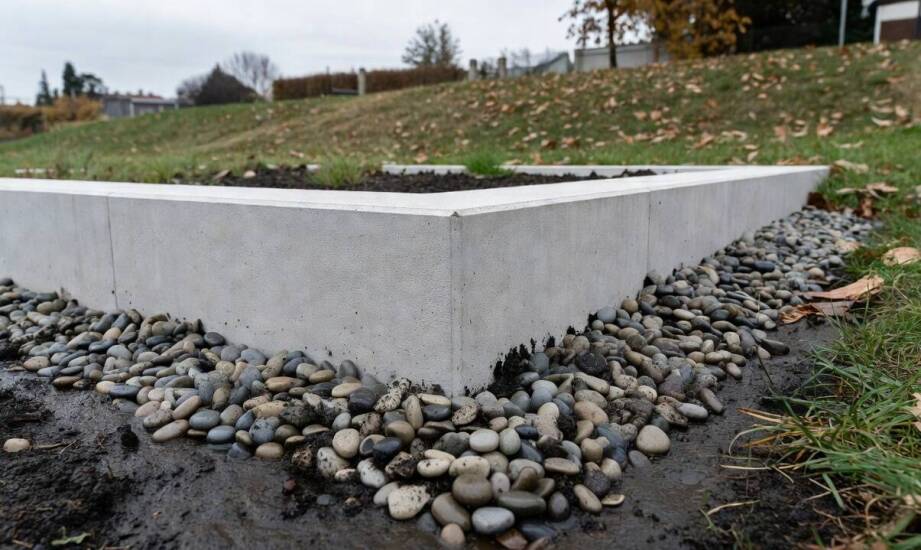 Jak spadek terenu i odpływ wody wpływają na betonową rabatę w łódzkim ogrodzie