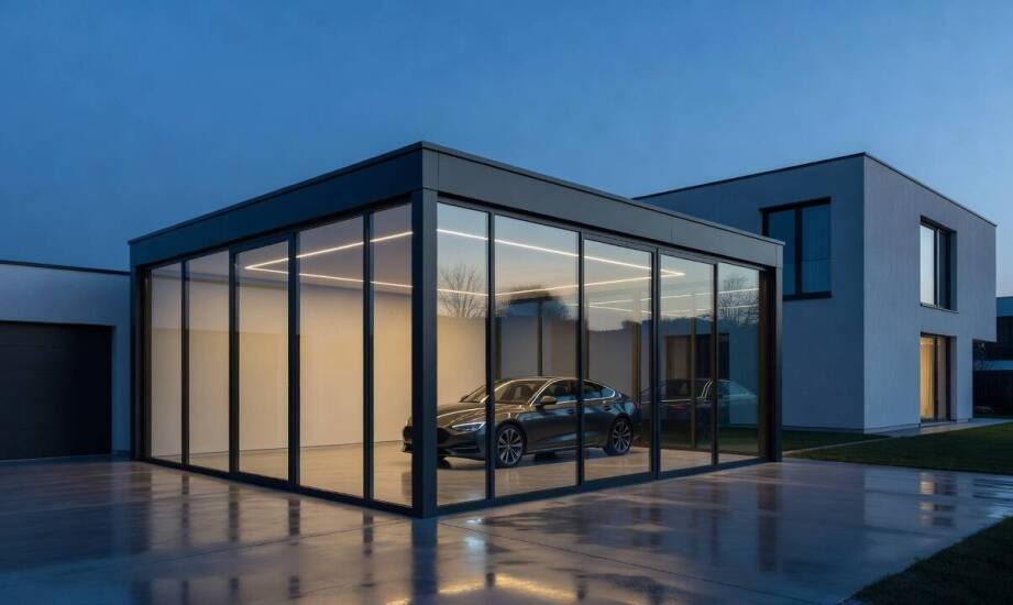 Wie man mit Licht und Innendetails aus einer verglasten Garage eine private Fahrzeugpräsentation schafft