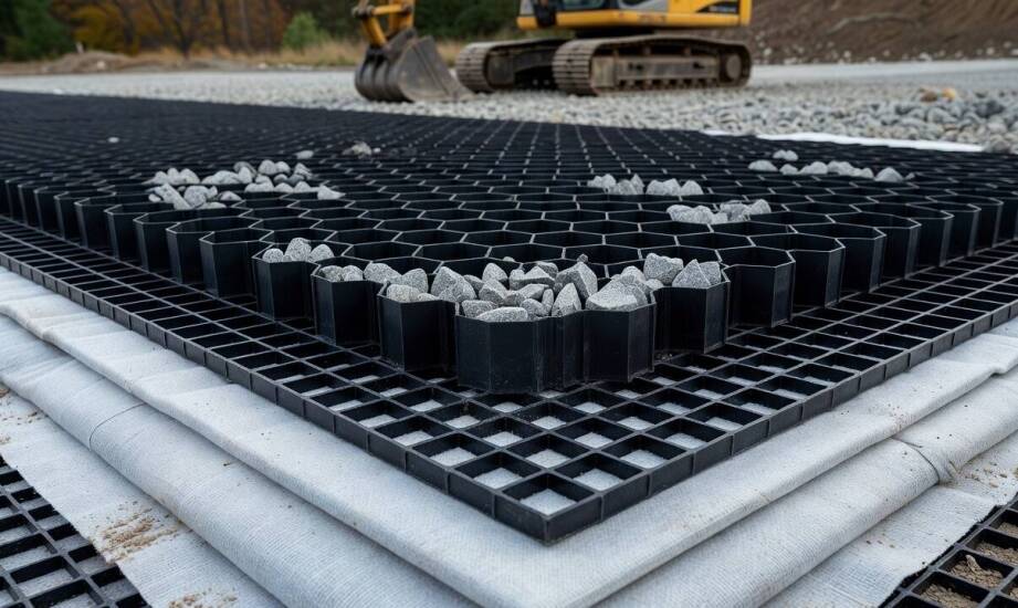 Jak geokrata komórkowa z regranulatu współpracuje z geowłókniną i geosiatką w nawierzchni technicznej
