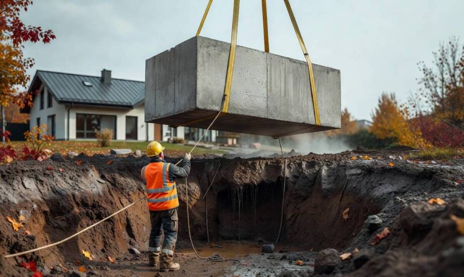 Jak przebiega osadzanie betonowego zbiornika z chwytakiem i dźwigiem na działce w Grabiach