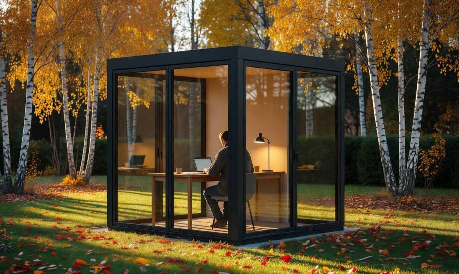 Glasbüro im Garten als ganzjähriger Arbeitsplatz