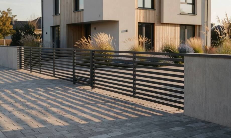Wie fügt sich ein Metallzaun in die Architektur der Hausfront und des Grundstücks ein?