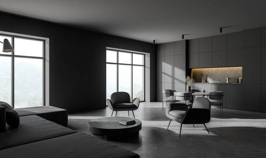 Minimalistyczne wnętrze salonu z kuchennym aneksem o powierzchni 45m²: mniej znaczy więcej