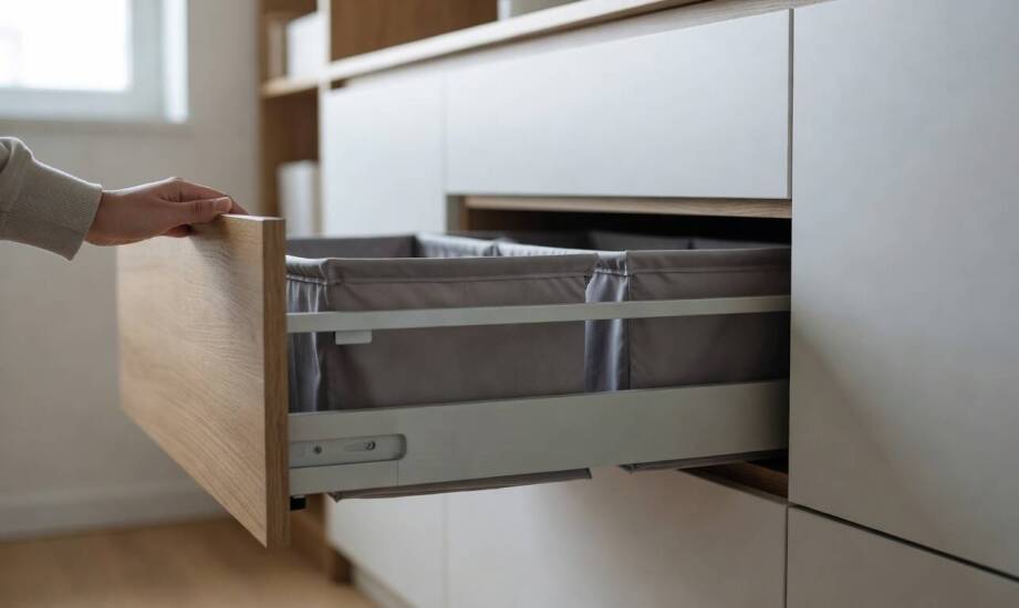 Ukryty kosz na pranie w szafce — jak dobrać mechanizm, by nie blokował zabudowy