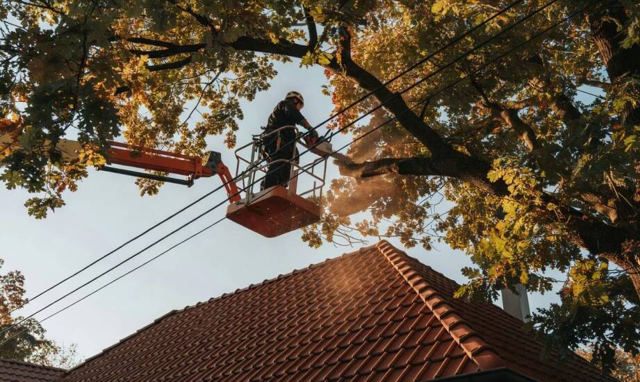 Jak przebiega wycinka drzewa sekcjami z kosza, gdy gałęzie zwisają nad dachem, ogrodzeniem i przewodami