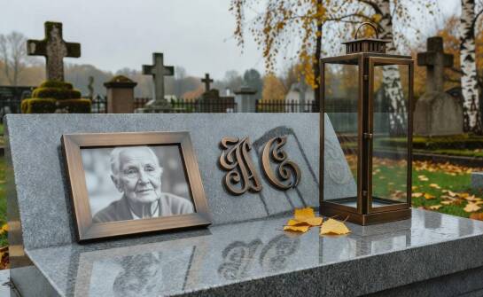 Jak lampion, ramka na zdjęcie i litery budują spójną kompozycję nagrobka