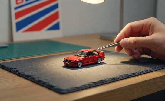 BMW M3 E30 w 1:64 jako miniatura, która opowiada o motorsporcie