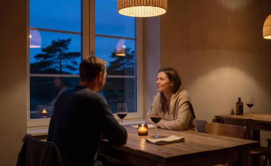 Wieczorny bar i restauracja w nadmorskim pensjonacie jako część rytmu dnia gości
