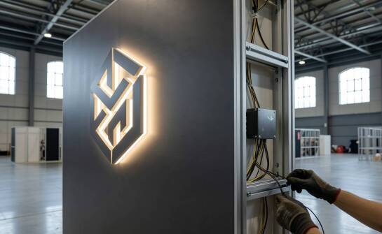 Jak projekt stoiska przewiduje miejsce dla LED-ów, liter 3D i dostępu serwisowego