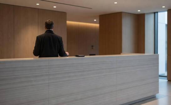 Reprezentacyjna lada z porcelanowej płyty w lobby hotelowym — kiedy projekt broni się w eksploatacji