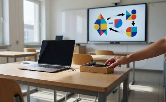Biurko nauczyciela w sali multimedialnej — jak uporządkować laptop, zasilanie i okablowanie
