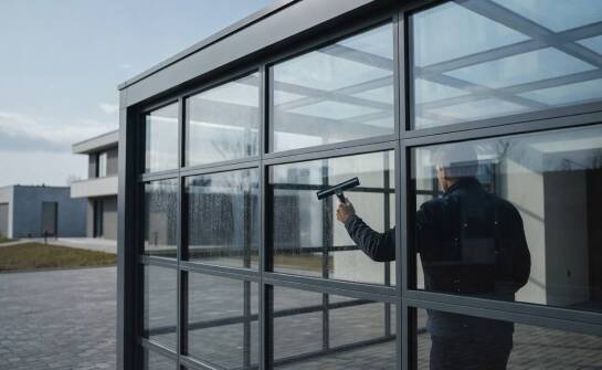 Tägliche und saisonale Pflege einer verglasten Garagenkonstruktion ohne Beschädigungsrisiko