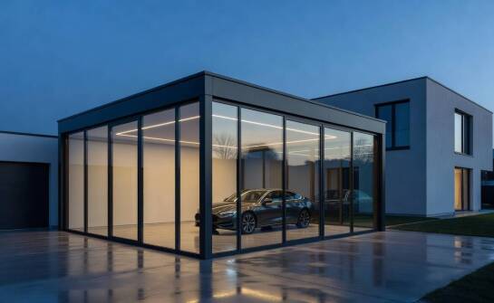Wie man mit Licht und Innendetails aus einer verglasten Garage eine private Fahrzeugpräsentation schafft