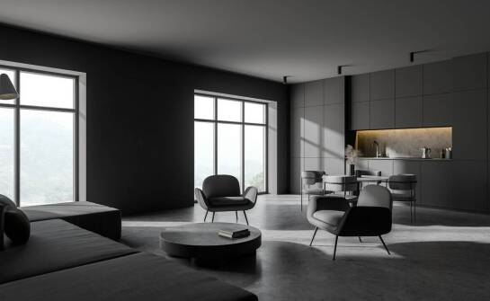 Minimalistyczne wnętrze salonu z kuchennym aneksem o powierzchni 45m²: mniej znaczy więcej