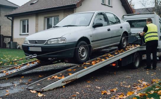 Odbiór niemobilnego wraku z posesji — jak transport na lawecie modyfikuje zasady rozliczenia za stary samochód