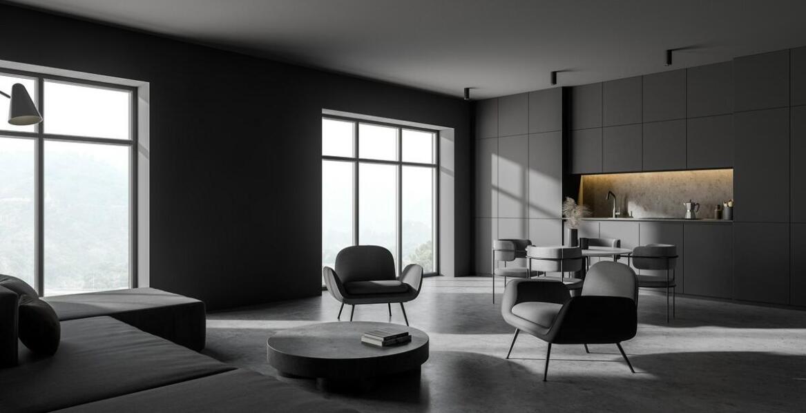 Minimalistyczne wnętrze salonu z kuchennym aneksem o powierzchni 45m²: mniej znaczy więcej