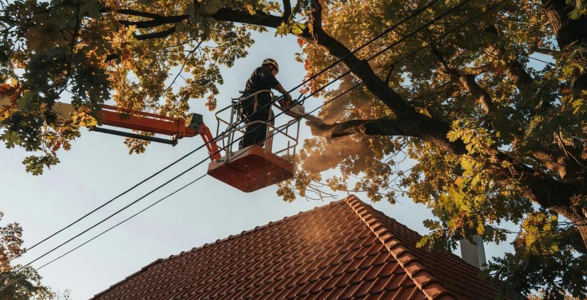 Jak przebiega wycinka drzewa sekcjami z kosza, gdy gałęzie zwisają nad dachem, ogrodzeniem i przewodami